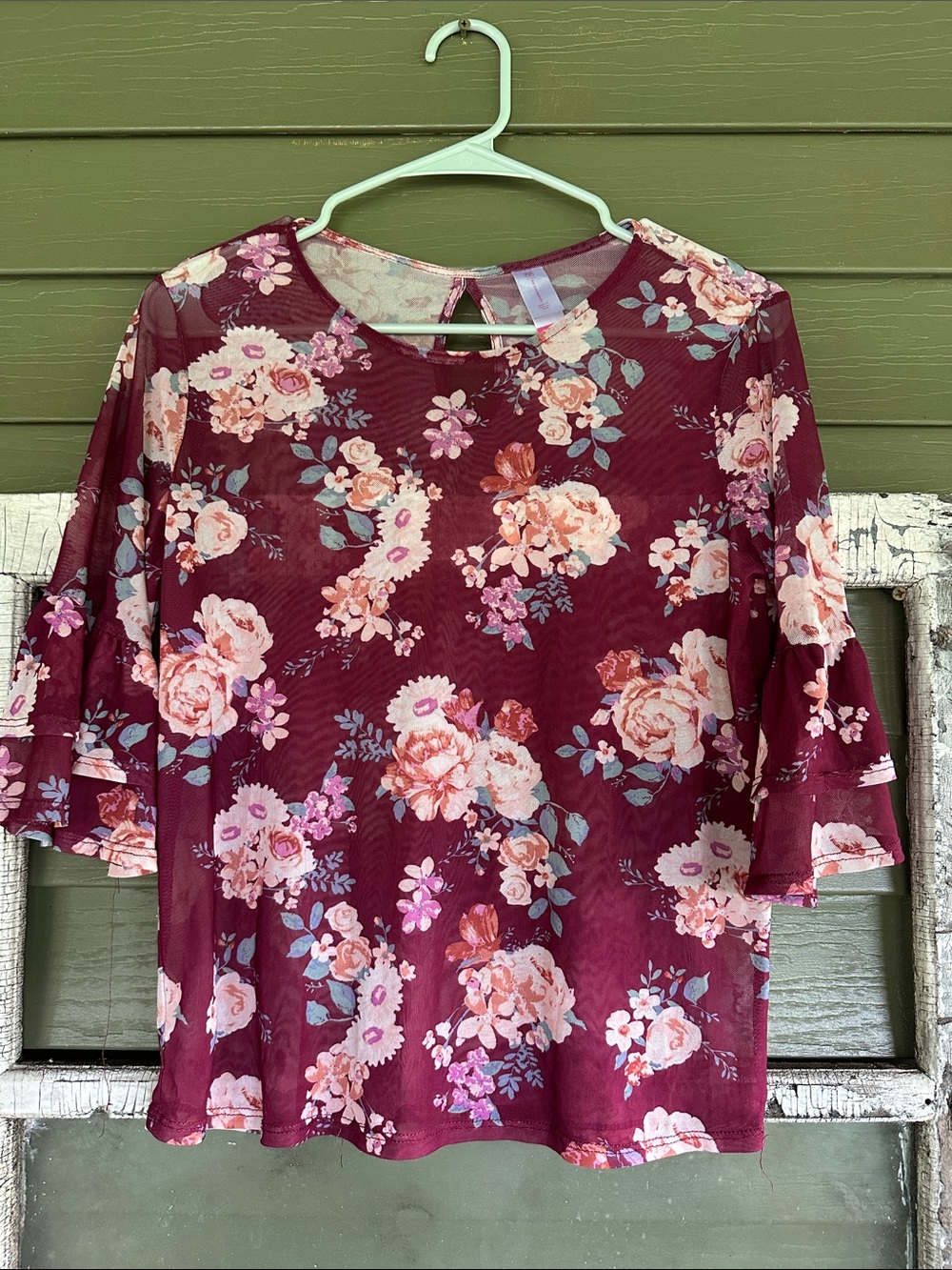 No Boundaries Burgundy Floral Ruffle Sleeve Top
